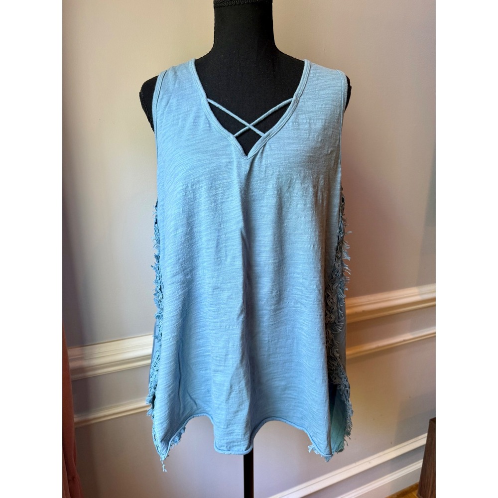 Umgee Blue Boho Swing Tank Top Crochet Fringe Side Panels Criss Cross Neck L‎